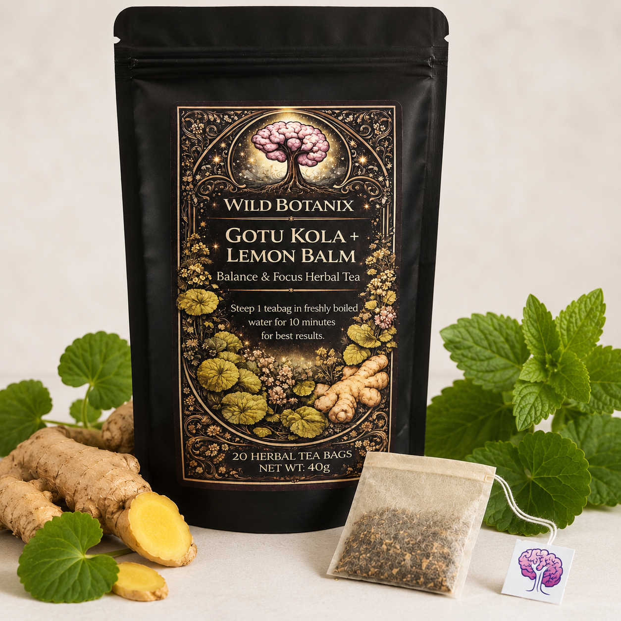 Wild Botanix Gotu Kola Lemon Balm and Ginger Herbal Tea white background packshot with flat wood pulp tea bag