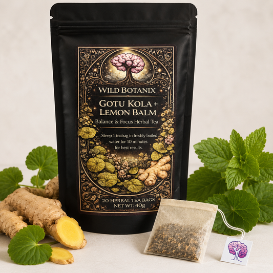 Wild Botanix Gotu Kola Lemon Balm and Ginger Herbal Tea white background packshot with flat wood pulp tea bag