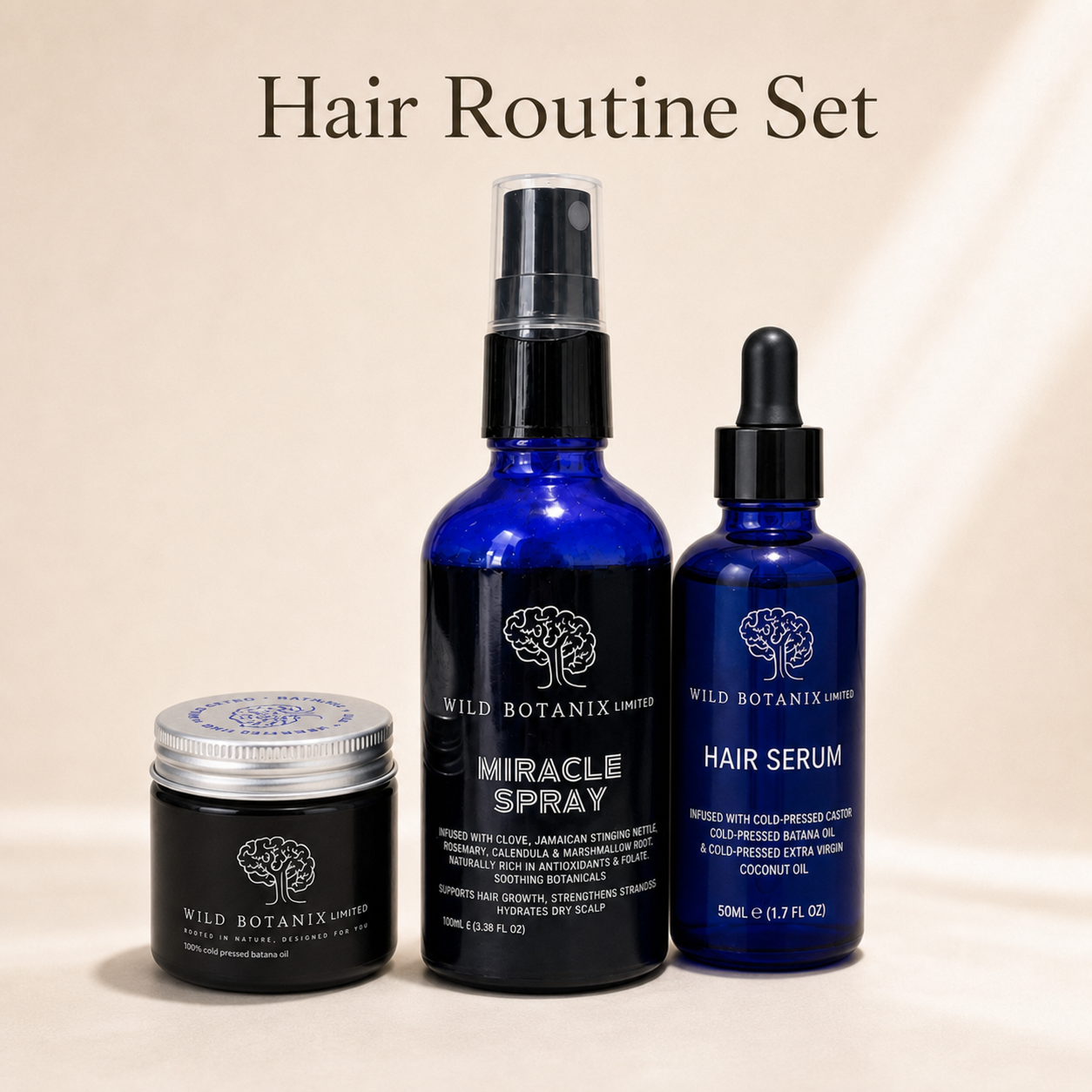 Wild Botanix Hair Routine Set with 60ml Batana Oil, Hair Serum and Miracle Spray