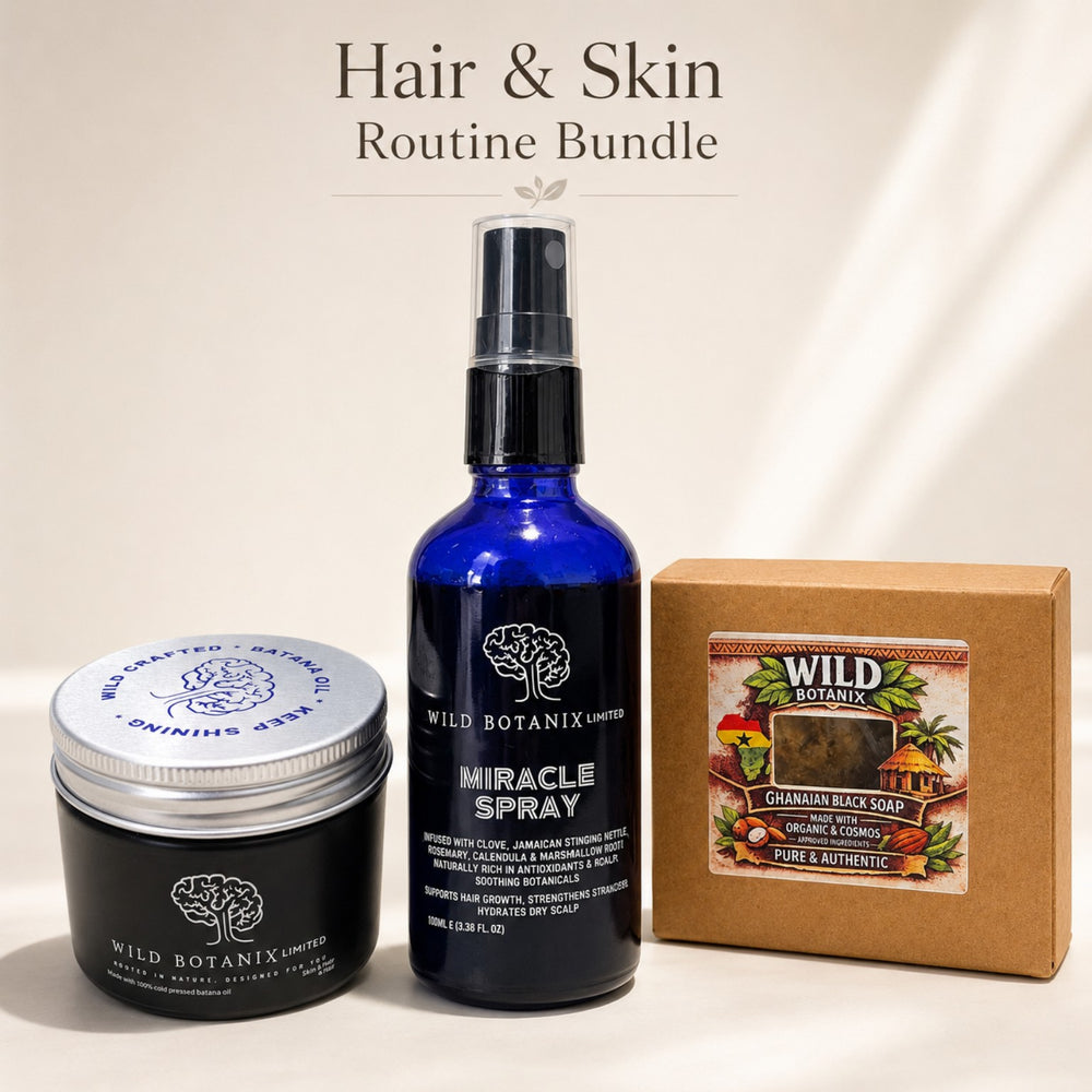 Wild Botanix Hair and Skin Routine Bundle with Batana Oil, Miracle Spray and Ghanaian Black Soap