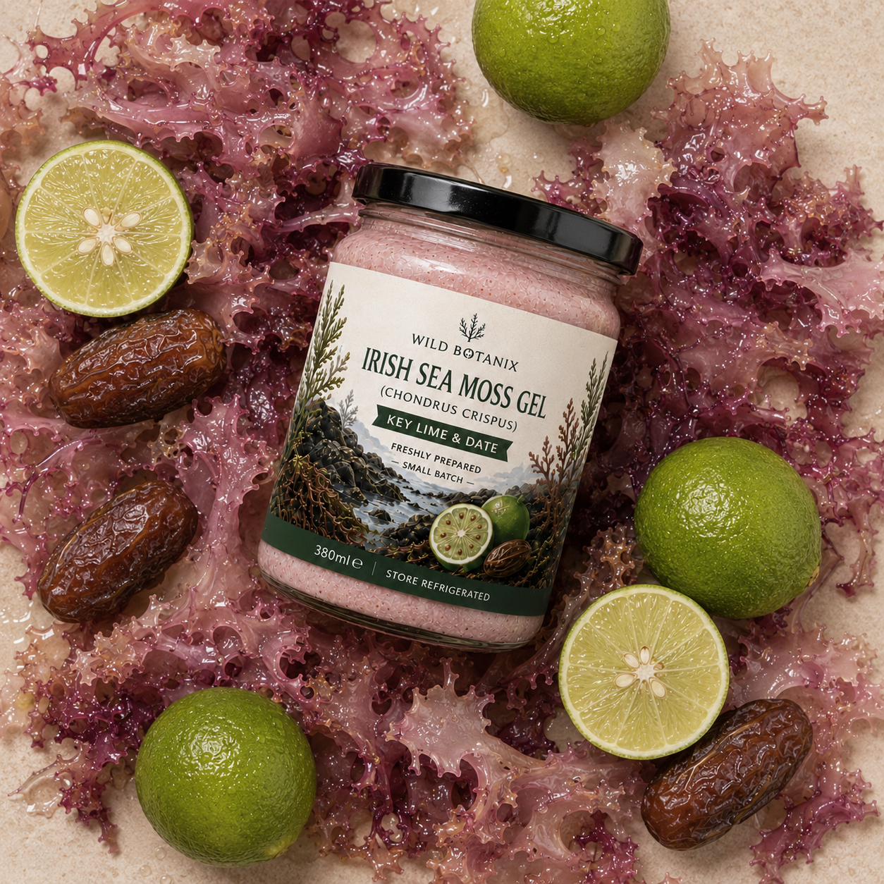 Wild Botanix Irish Sea Moss Gel Key Lime & Date 380ml flat lay ingredient image