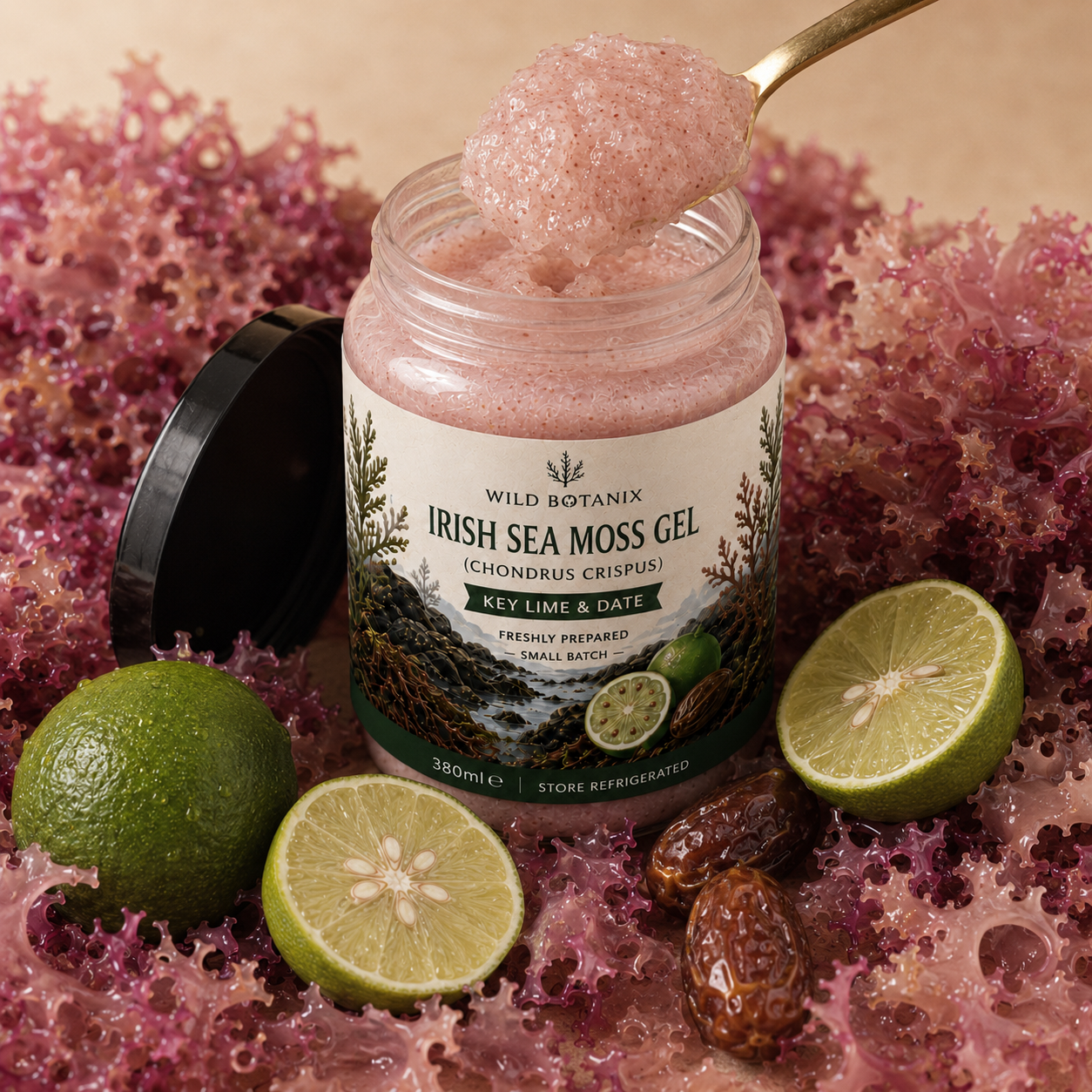 Wild Botanix Irish Sea Moss Gel Key Lime & Date 380ml open jar spoon texture image