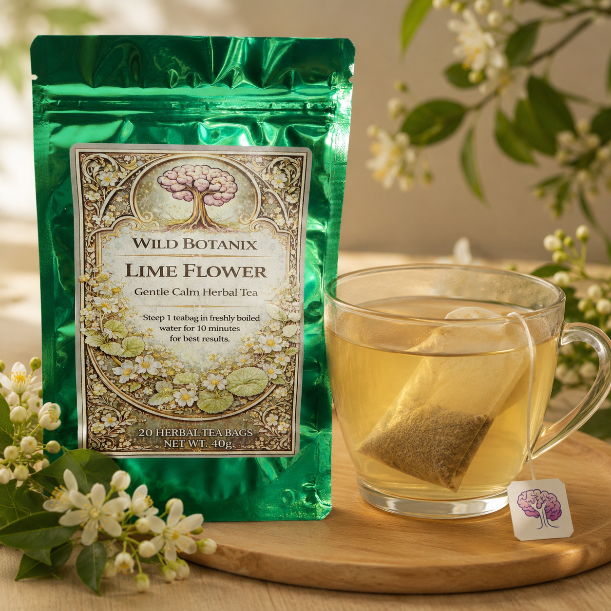Wild Botanix Lime Flower Herbal Tea brewed cup with wood pulp tea bag