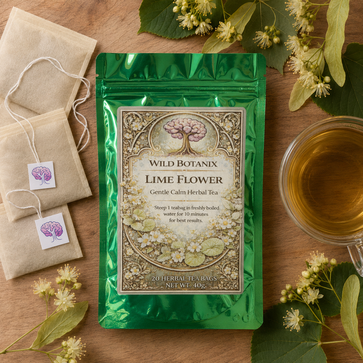 Wild Botanix Lime Flower Herbal Tea flat lay with tea bags brewed tea and lime flowers