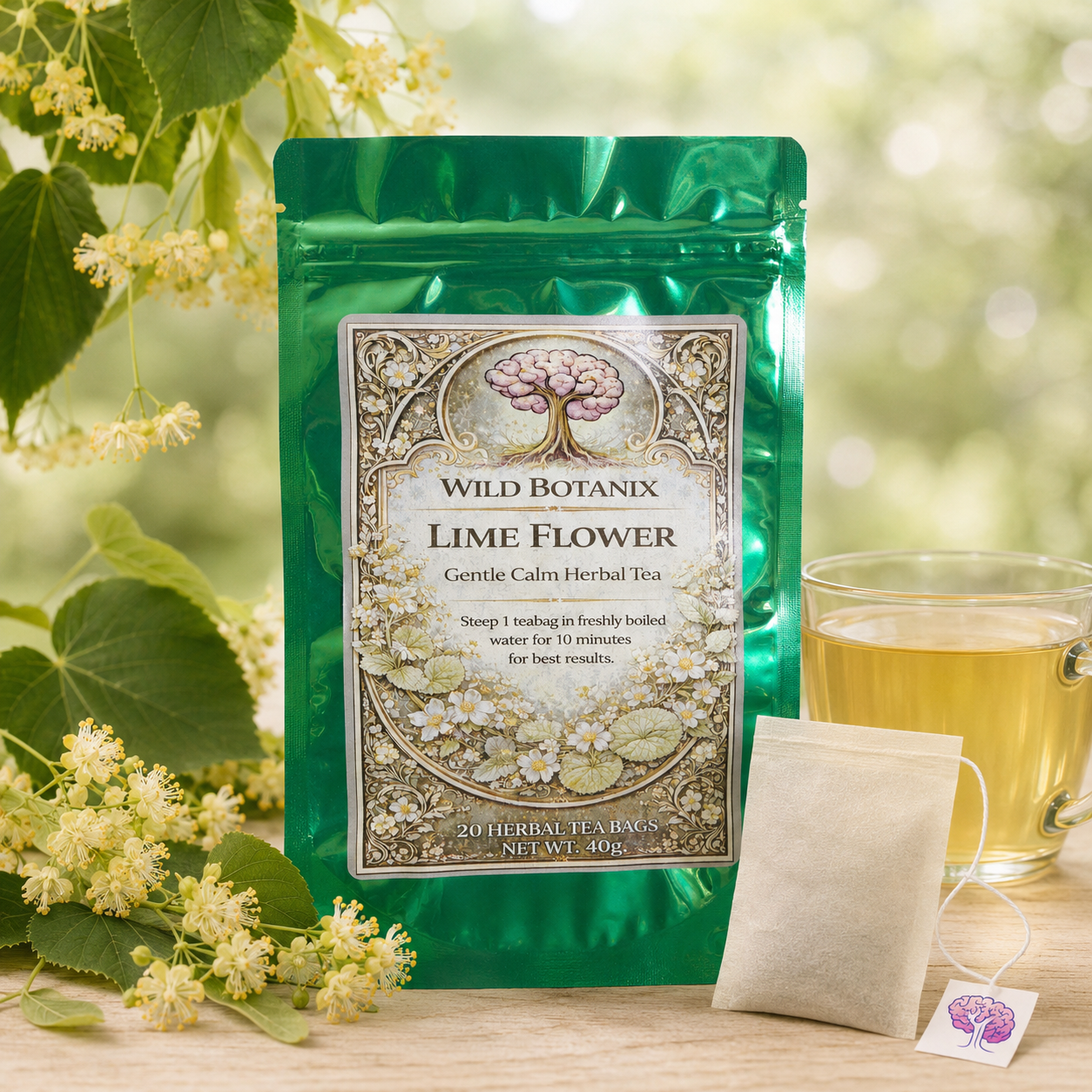 Wild Botanix Lime Flower Herbal Tea 20 tea bags hero image with lime blossoms