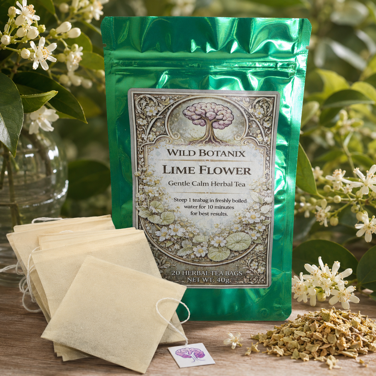 Wild Botanix Lime Flower Herbal Tea pack with wood pulp tea bags and lime flowers