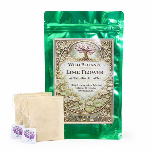 Wild Botanix Lime Flower Herbal Tea 20 tea bags white background packshot with tea bags