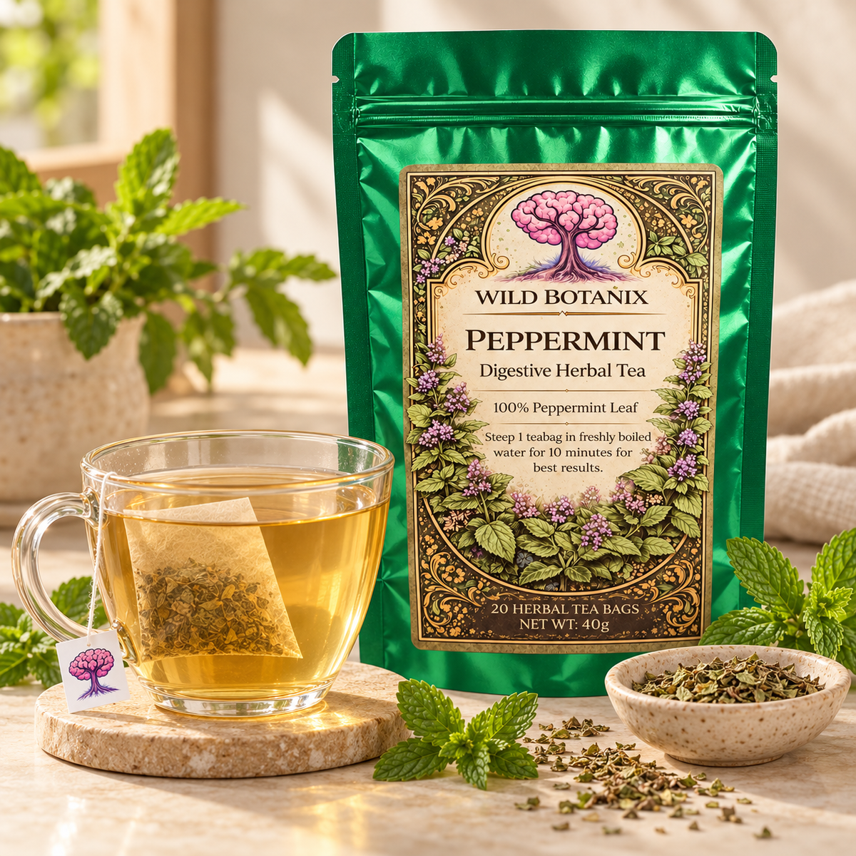 Wild Botanix Pure Peppermint tea brewed cup scene, generated product image