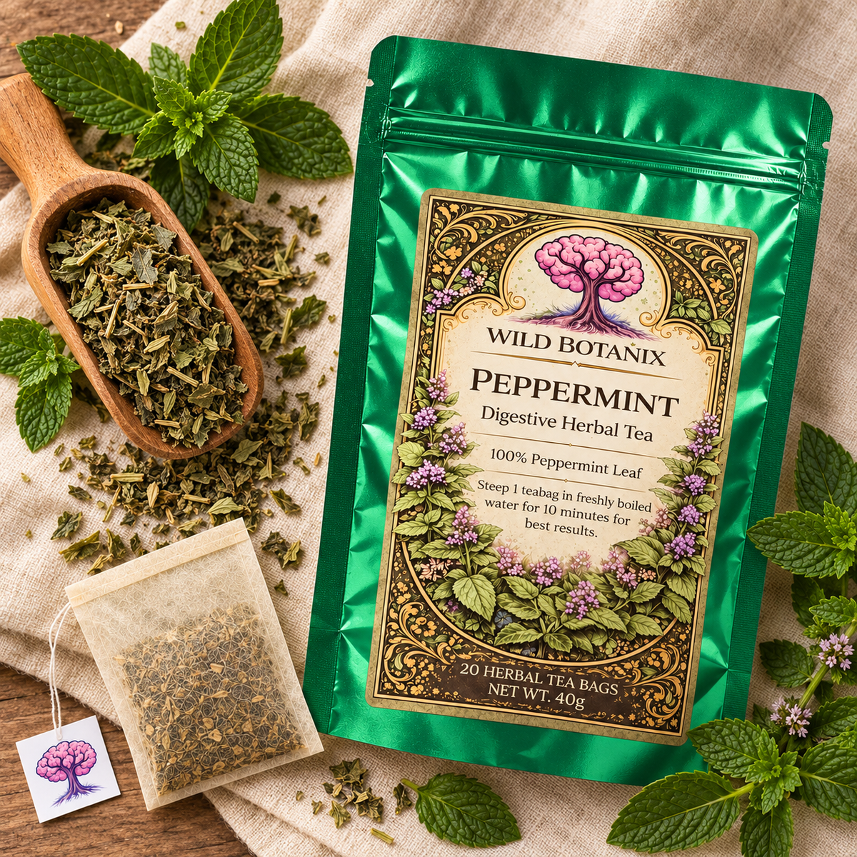 Wild Botanix Pure Peppermint tea ingredients scene, generated product image