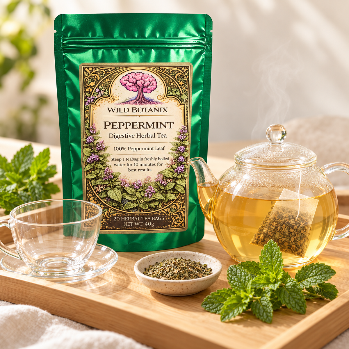 Wild Botanix Pure Peppermint tea preparation scene, generated product image