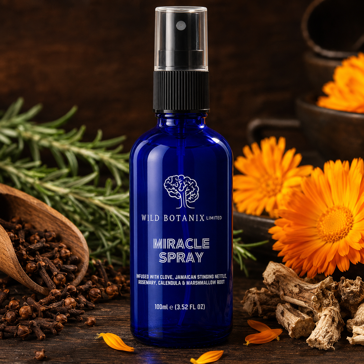 Wild Botanix Miracle Spray 100ml botanical apothecary still life with clove rosemary calendula and marshmallow root