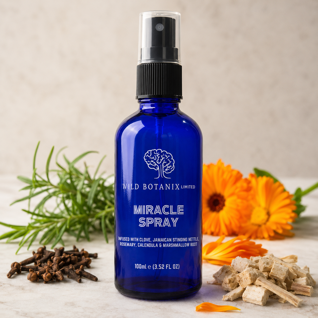 Wild Botanix Miracle Spray 100ml clean botanical display with clove rosemary calendula and marshmallow root