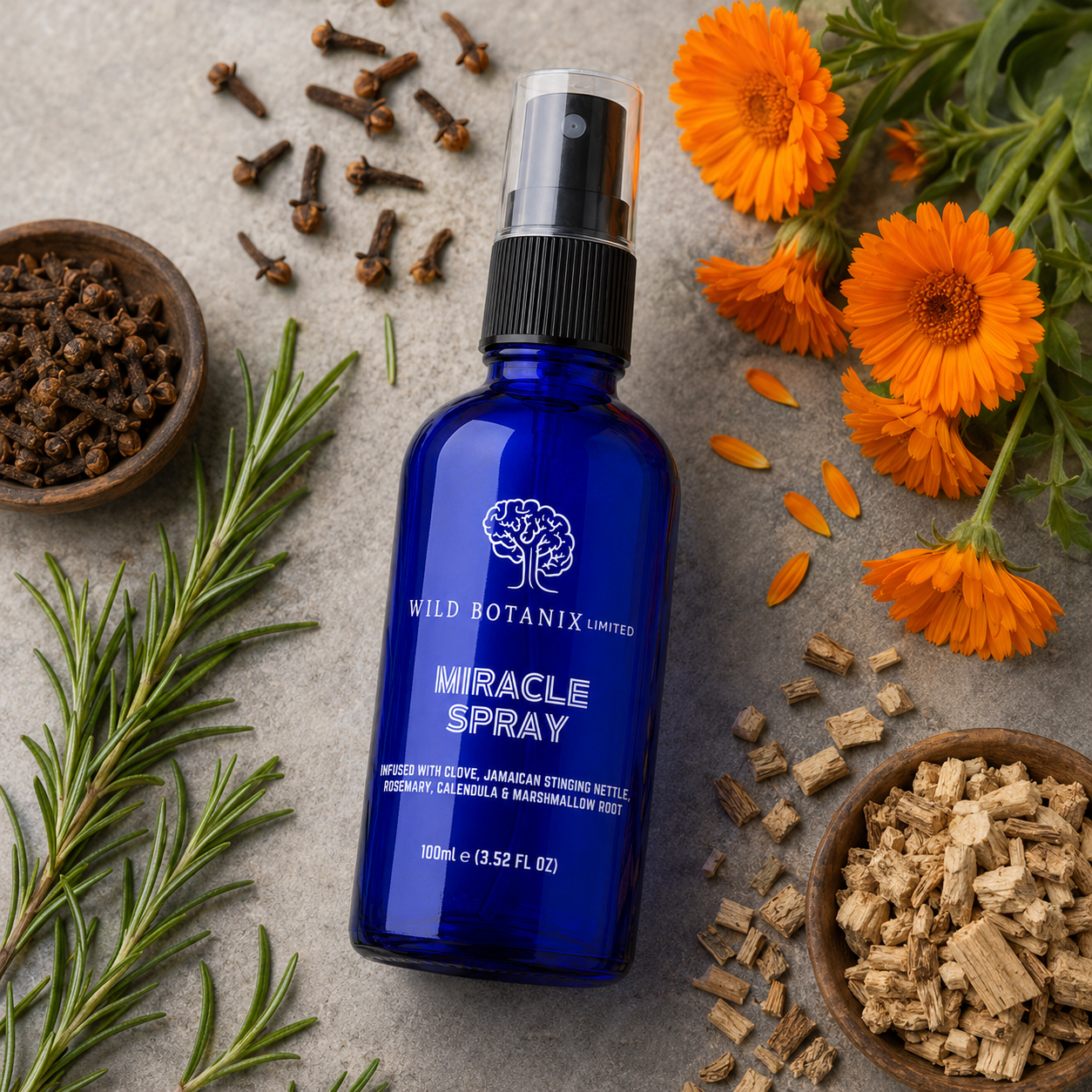 Wild Botanix Miracle Spray 100ml with clove rosemary calendula and marshmallow root botanical ingredients