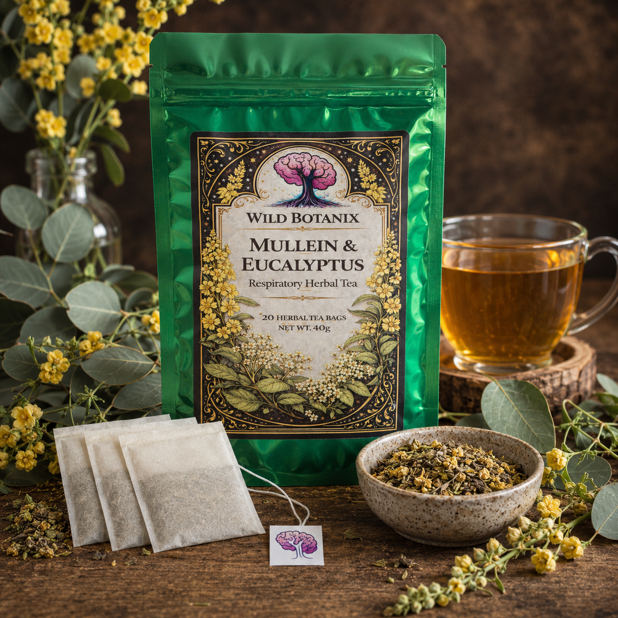 Wild Botanix Mullein and Eucalyptus Herbal Tea botanical product display with flat wood pulp tea bags