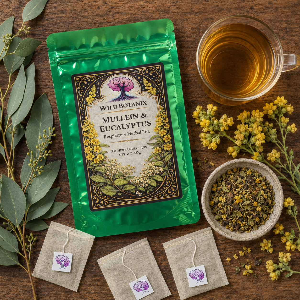 Wild Botanix Mullein and Eucalyptus Herbal Tea flat lay with brewed tea botanicals and flat wood pulp tea bags