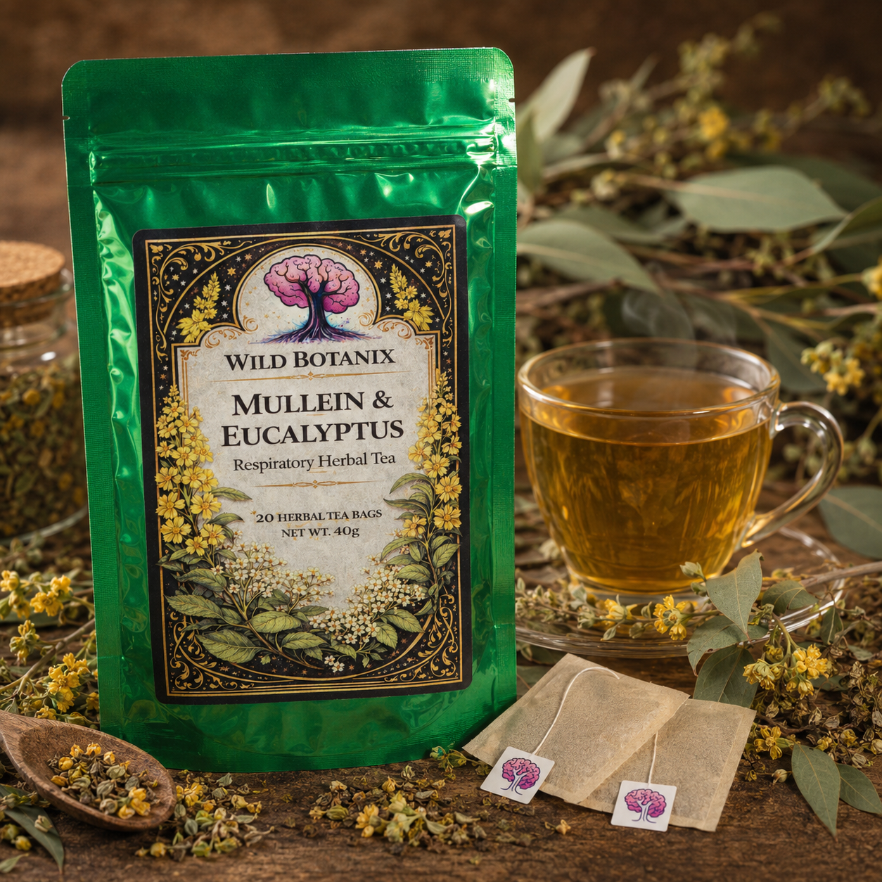 Wild Botanix Mullein and Eucalyptus Herbal Tea hero image with brewed tea botanicals and flat wood pulp tea bags