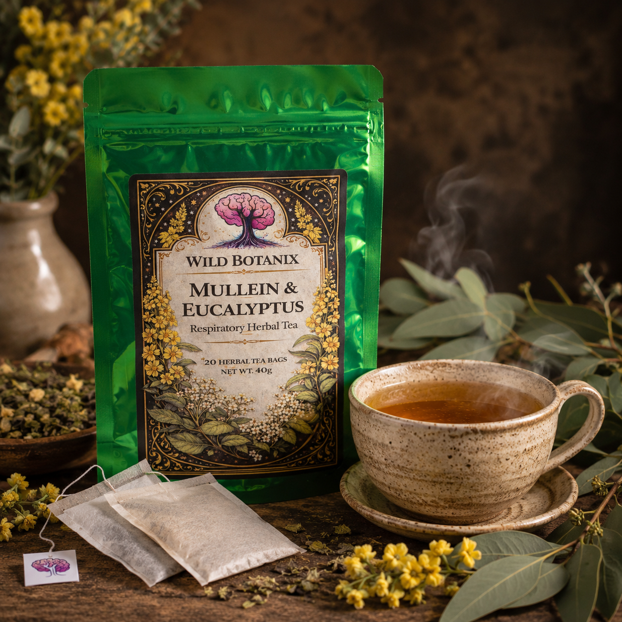 Wild Botanix Mullein and Eucalyptus Herbal Tea rustic lifestyle image with brewed tea and flat wood pulp tea bags