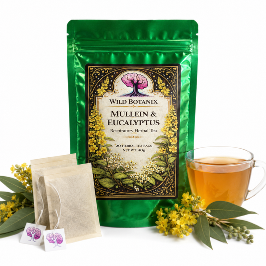 Wild Botanix Mullein and Eucalyptus Herbal Tea white background product image with flat wood pulp tea bags