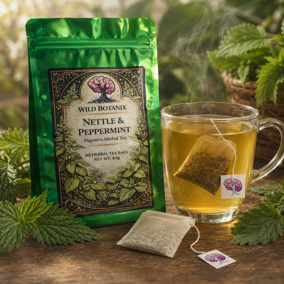 Wild Botanix Nettle and Peppermint Herbal Tea brewed cup with tea bag