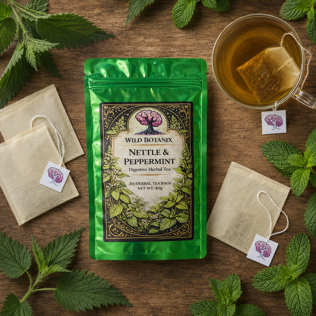 Wild Botanix Nettle and Peppermint Herbal Tea flat lay with tea bags and leaves