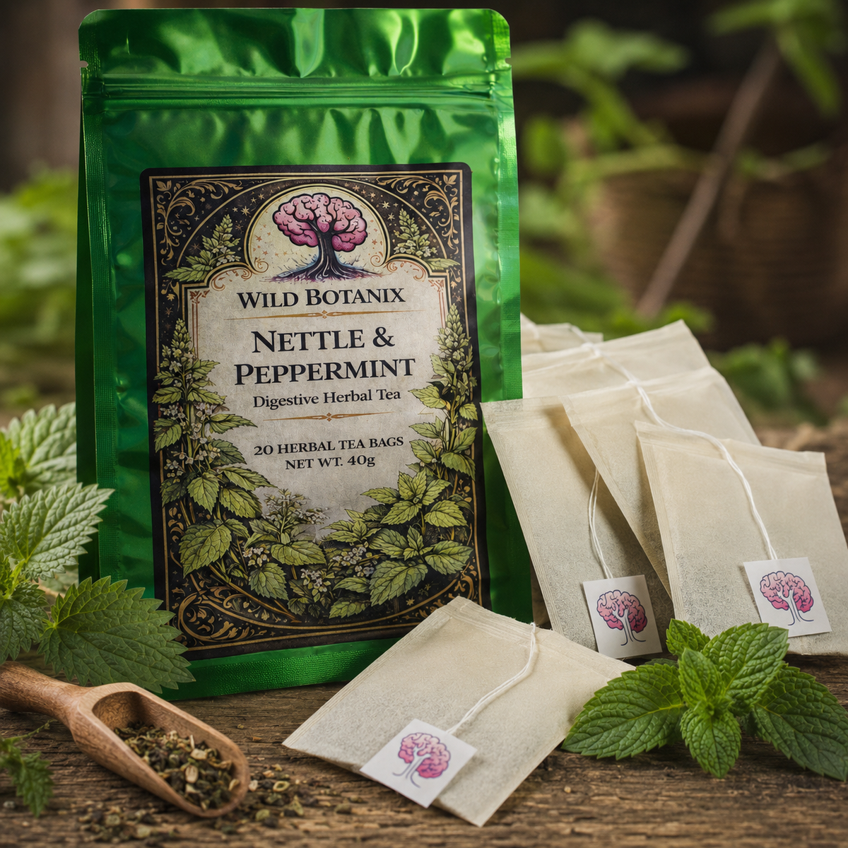 Wild Botanix Nettle and Peppermint Herbal Tea bags and pouch arrangement