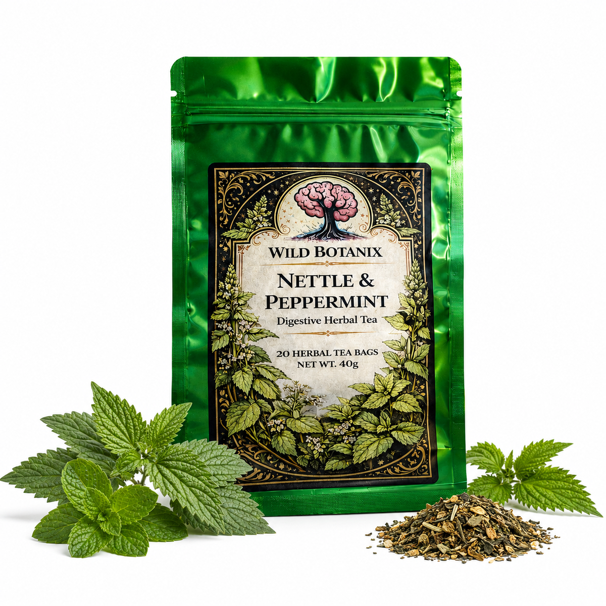 Wild Botanix Nettle and Peppermint Herbal Tea pack shot with botanical accents