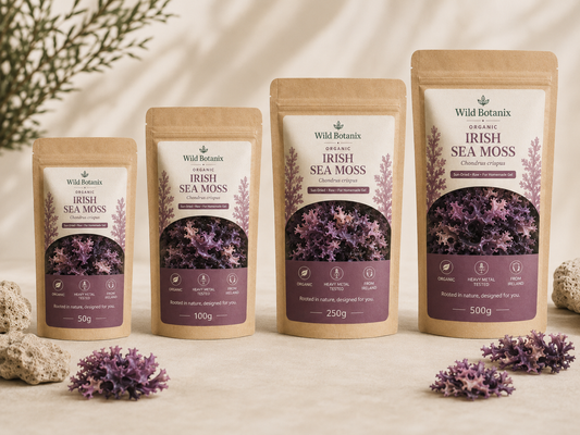 Wild Botanix Organic Irish Sea Moss four pouch lineup 50g 100g 250g 500g