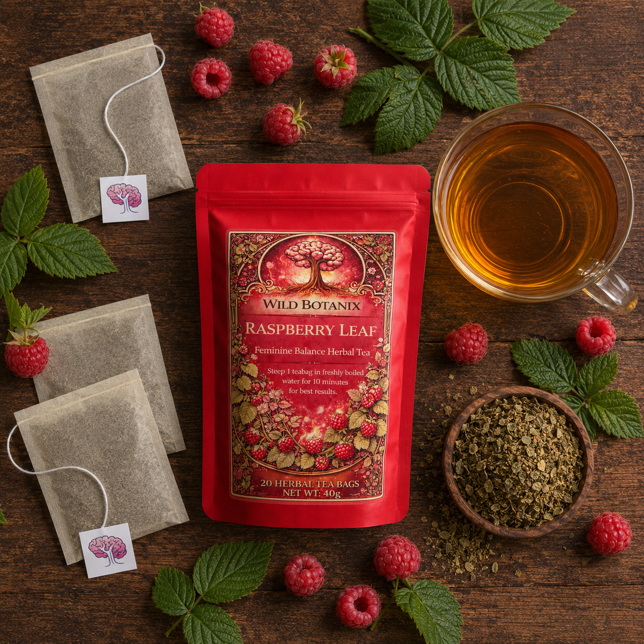 Wild Botanix Raspberry Leaf Herbal Tea flat lay with tea bags and raspberry leaves