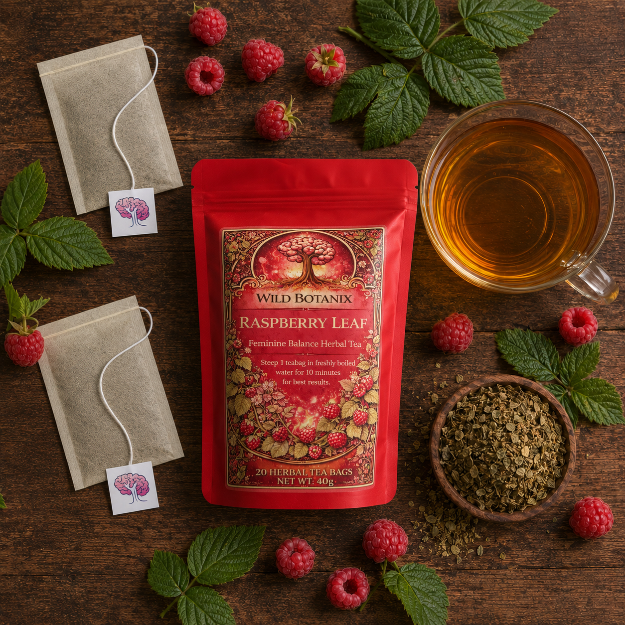 Wild Botanix Raspberry Leaf Herbal Tea rustic flat lay with flat wood pulp tea bags