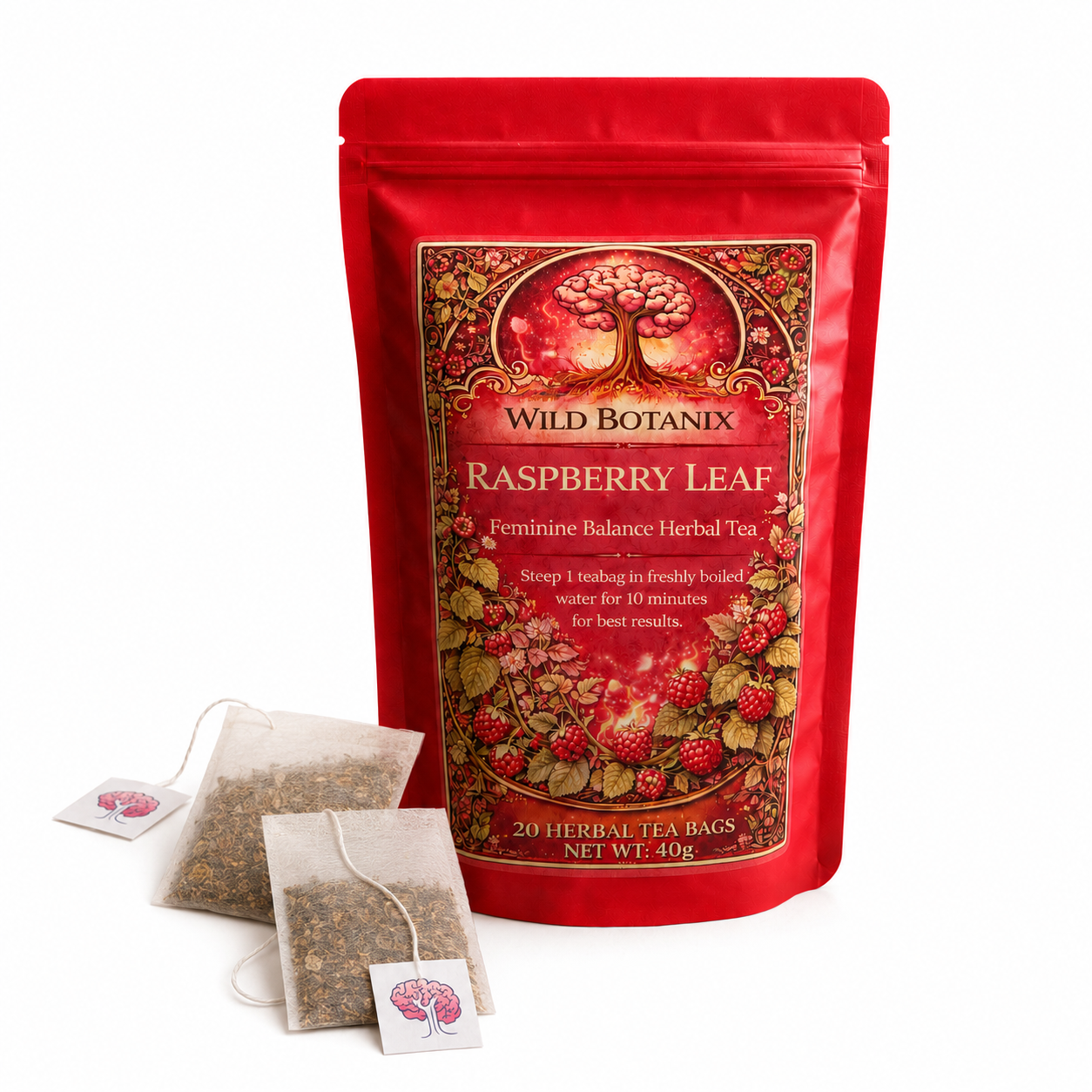 Wild Botanix Raspberry Leaf Herbal Tea pouch with flat wood pulp tea bags