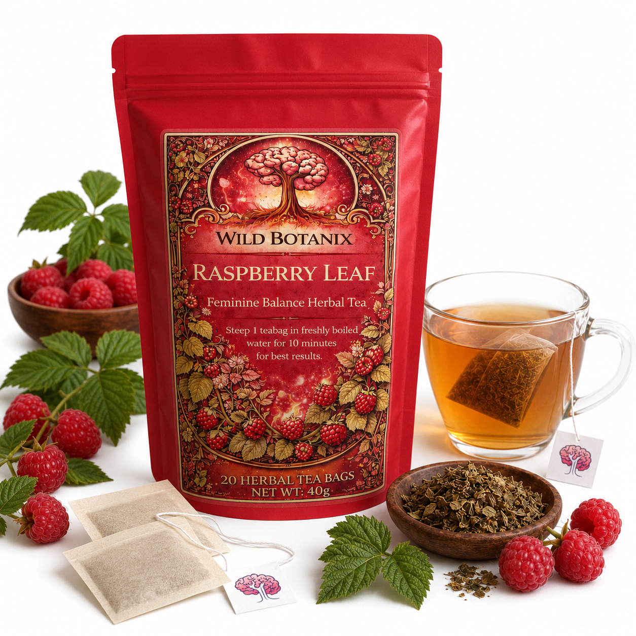 Wild Botanix Raspberry Leaf Herbal Tea white background product image